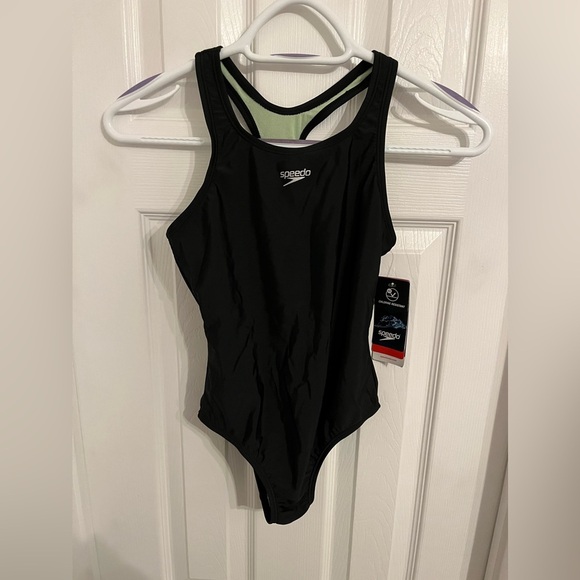 Speedo Girl's Swimsuit One Piece Closed Racerback - SIZE 10 - BLACK/GREEN - Picture 3 of 9